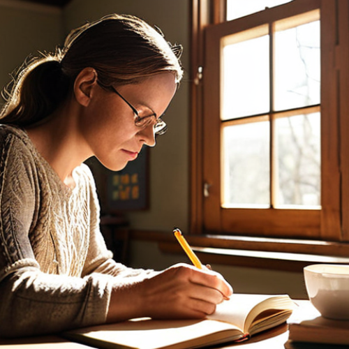 Home 15 **Image Prompt:** A teacher thoughtfully journaling in a cozy, sunlit room, surrounded by books and a cup of tea. Focus on capturing the peaceful atmosphere of self-reflection and professional development. *Keywords:* Teacher, self-reflection, journaling, cozy, professional development, mindfulness.