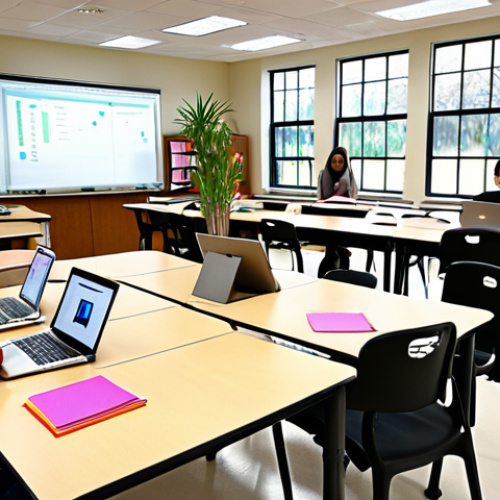 Home 14 A vibrant and dynamic scene depicting an interactive teacher workshop. Diverse educators are actively collaborating in small groups around flexible tables, surrounded by large whiteboards and flipcharts covered with colorful sticky notes and diagrams. Some teachers are engrossed in hands-on activities with laptops or tablets, while others are engaged in animated discussions, reflecting a highly collaborative and energetic learning environment focused on practical application of new pedagogical methods. The room is modern, brightly lit with natural light, and features an open layout with plants, conveying an inspiring atmosphere for professional development. --ar 16:9 --v