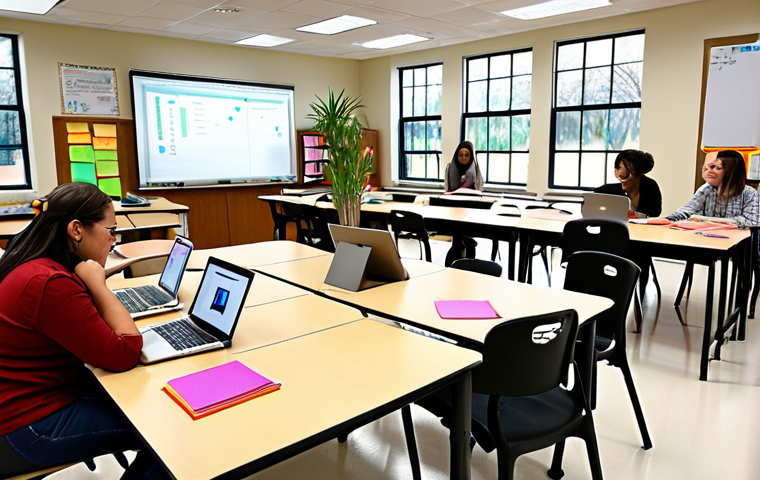 A vibrant and dynamic scene depicting an interactive teacher workshop. Diverse educators are actively collaborating in small groups around flexible tables, surrounded by large whiteboards and flipcharts covered with colorful sticky notes and diagrams. Some teachers are engrossed in hands-on activities with laptops or tablets, while others are engaged in animated discussions, reflecting a highly collaborative and energetic learning environment focused on practical application of new pedagogical methods. The room is modern, brightly lit with natural light, and features an open layout with plants, conveying an inspiring atmosphere for professional development. --ar 16:9 --v