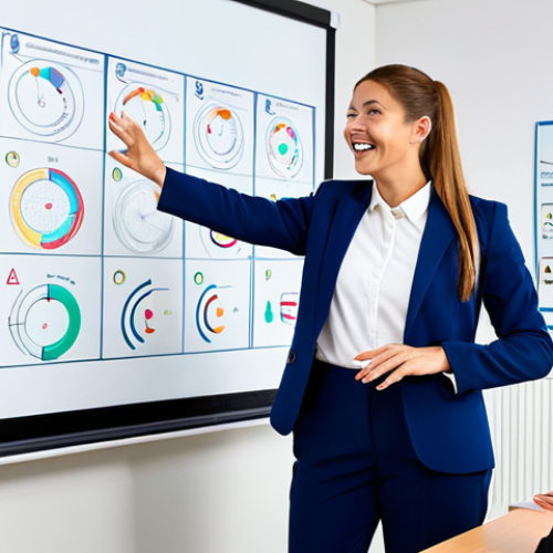 Home 7 A professional female teacher, fully clothed in a modest business blazer and smart trousers, stands dynamically in front of a large, interactive digital whiteboard. She gestures towards a colorful, animated educational diagram on the screen, her expression engaging and enthusiastic. Several diverse students, fully clothed in appropriate school attire, are seated at desks in the brightly lit, modern classroom background, attentively looking towards the whiteboard. Perfect anatomy, correct proportions, natural pose, well-formed hands, proper finger count. Professional photography, high quality, crisp details, natural lighting. Safe for work, appropriate content, family-friendly.