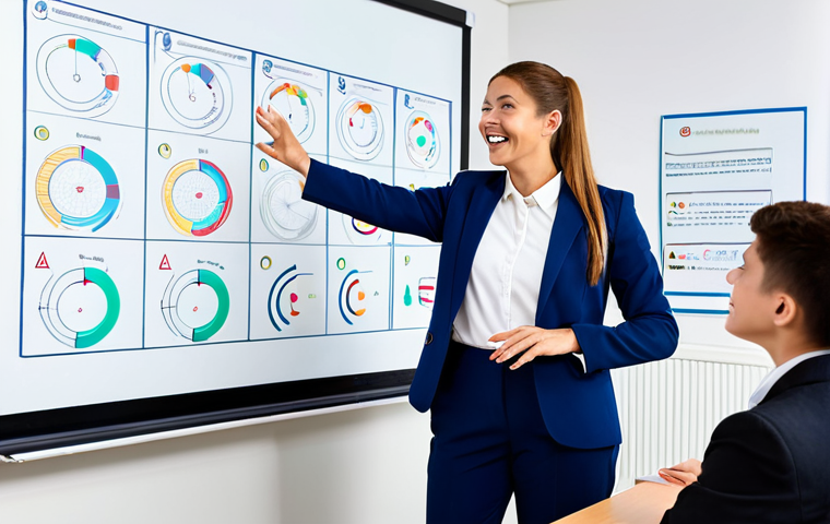 A professional female teacher, fully clothed in a modest business blazer and smart trousers, stands dynamically in front of a large, interactive digital whiteboard. She gestures towards a colorful, animated educational diagram on the screen, her expression engaging and enthusiastic. Several diverse students, fully clothed in appropriate school attire, are seated at desks in the brightly lit, modern classroom background, attentively looking towards the whiteboard. Perfect anatomy, correct proportions, natural pose, well-formed hands, proper finger count. Professional photography, high quality, crisp details, natural lighting. Safe for work, appropriate content, family-friendly.