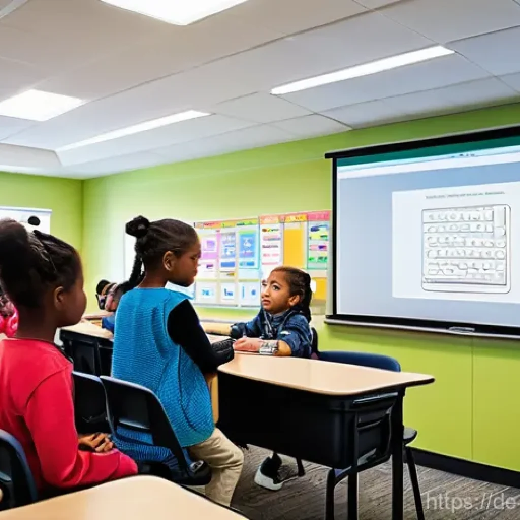 교사 교육 이론 학습법 - The Digitally Empowered and Inclusive Classroom**
Prompt: A vibrant, brightly lit modern classroom b...