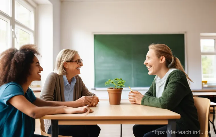 교사 동기부여 사례 공유 - **Prompt:** A warm and inspiring scene inside a modern, well-lit classroom at a German secondary sch...