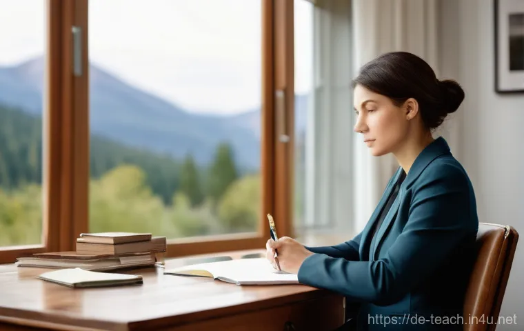 교사 커리어 발전 계획 세우기 - **Teacher's Reflective Career Path**
    A serene, realistic image featuring a female teacher in her...