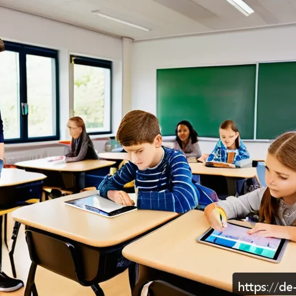 교사 심화 학습 사례 연구 - A modern German classroom scene featuring diverse students engaged with an adaptive learning softwar...