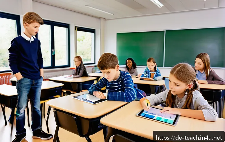 교사 심화 학습 사례 연구 - A modern German classroom scene featuring diverse students engaged with an adaptive learning softwar...
