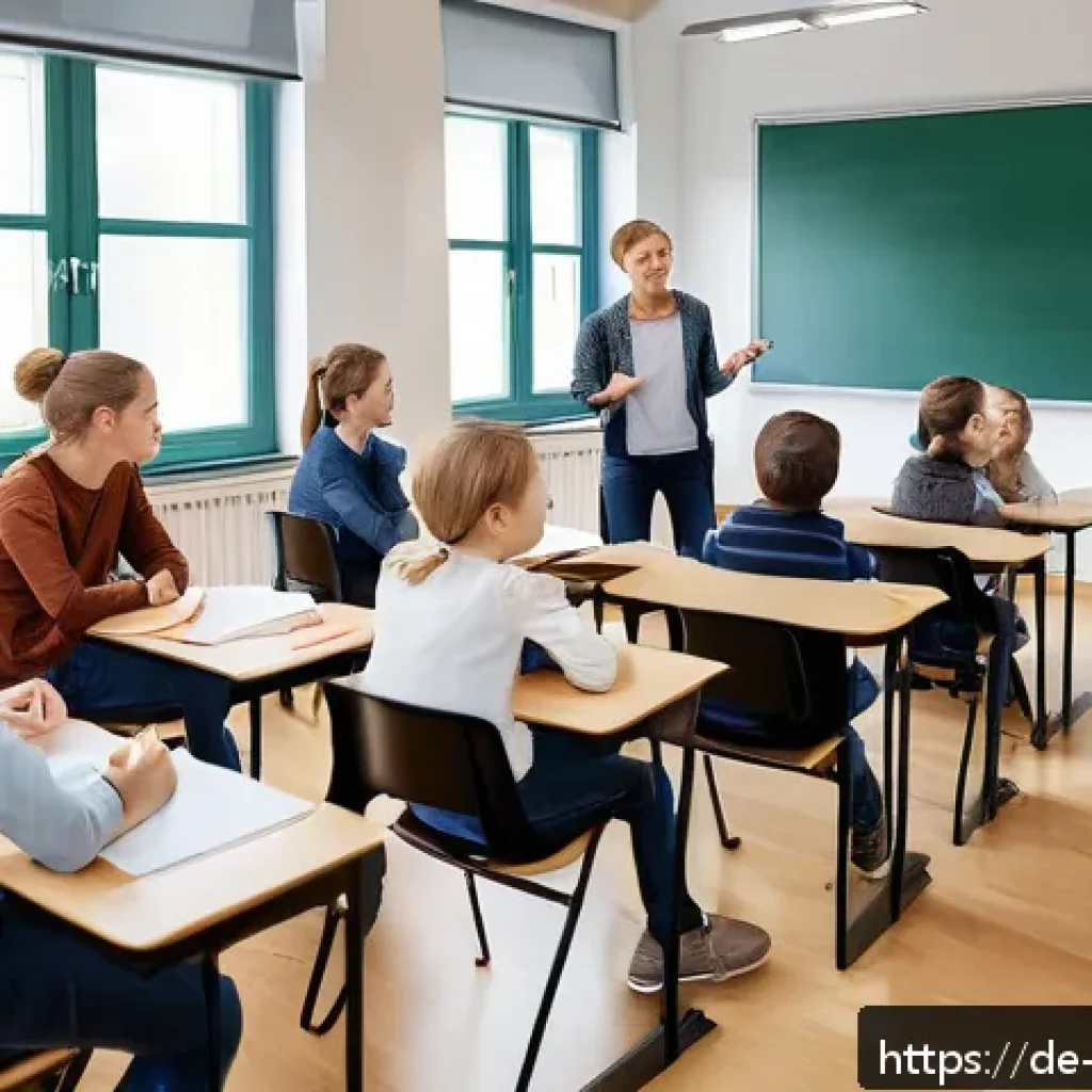 교사 학생 문제 해결 사례 - A modern German classroom scene showing a diverse group of students and a teacher engaged in active ...
