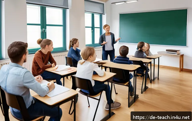 교사 학생 문제 해결 사례 - A modern German classroom scene showing a diverse group of students and a teacher engaged in active ...