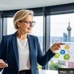 교사 재취업 성공 사례 - A professional middle-aged German woman in business casual attire, confidently giving a presentation...