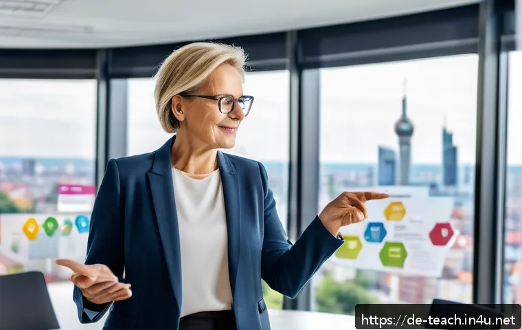 교사 재취업 성공 사례 - A professional middle-aged German woman in business casual attire, confidently giving a presentation...