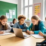 교사 업무 사례 공유 - A lively classroom scene in a modern German school where diverse students in casual clothing collabo...