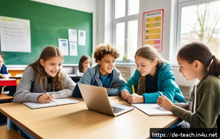 교사 업무 사례 공유 - A lively classroom scene in a modern German school where diverse students in casual clothing collabo...