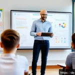 교사 블렌디드 러닝 활용 사례 - A modern German classroom featuring a teacher using a large interactive whiteboard displaying colorf...