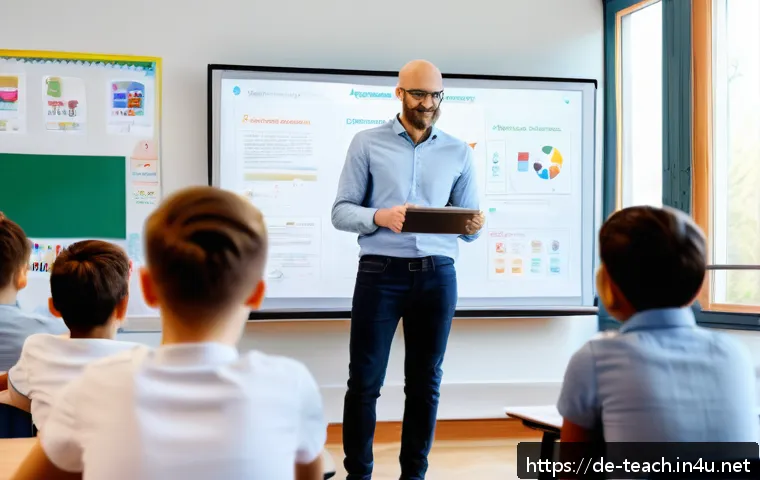 교사 블렌디드 러닝 활용 사례 - A modern German classroom featuring a teacher using a large interactive whiteboard displaying colorf...