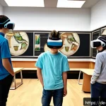 교사 AR VR 수업 활용 사례 - A vibrant classroom scene in a modern German school featuring students aged around 13-15 using VR he...