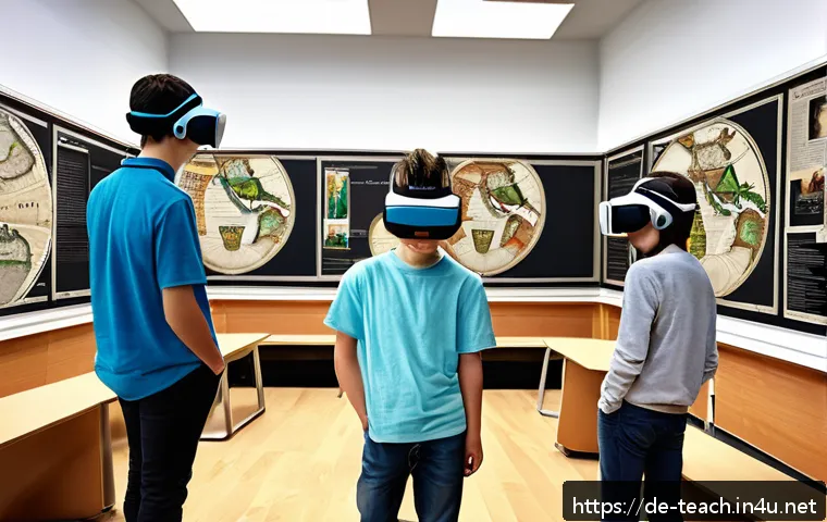 교사 AR VR 수업 활용 사례 - A vibrant classroom scene in a modern German school featuring students aged around 13-15 using VR he...