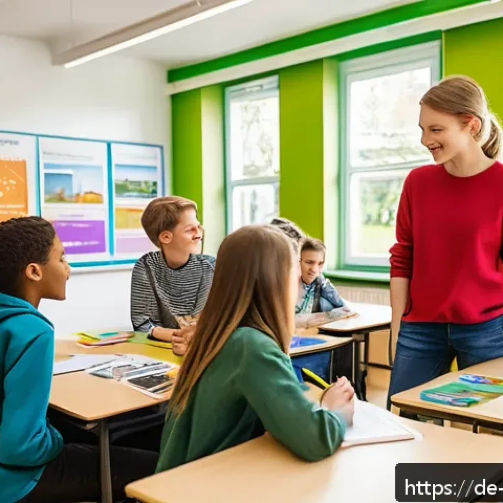 교사 학습자 중심 수업 설계 - A vibrant classroom scene in a modern German school featuring a diverse group of enthusiastic studen...