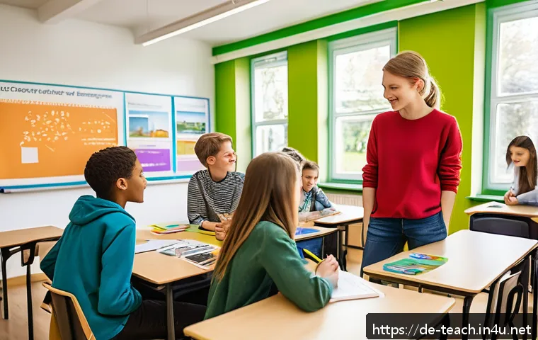 교사 학습자 중심 수업 설계 - A vibrant classroom scene in a modern German school featuring a diverse group of enthusiastic studen...