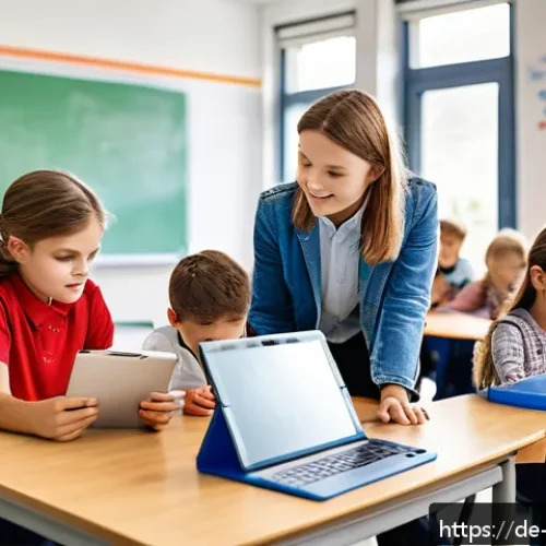 교사 학습 장애 학생 지도법 - A modern inclusive classroom scene in a German primary school, showing diverse students with varying...