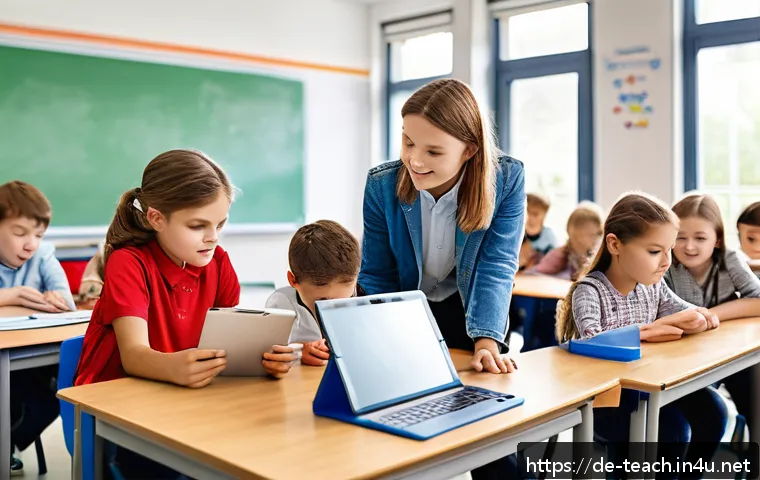 교사 학습 장애 학생 지도법 - A modern inclusive classroom scene in a German primary school, showing diverse students with varying...